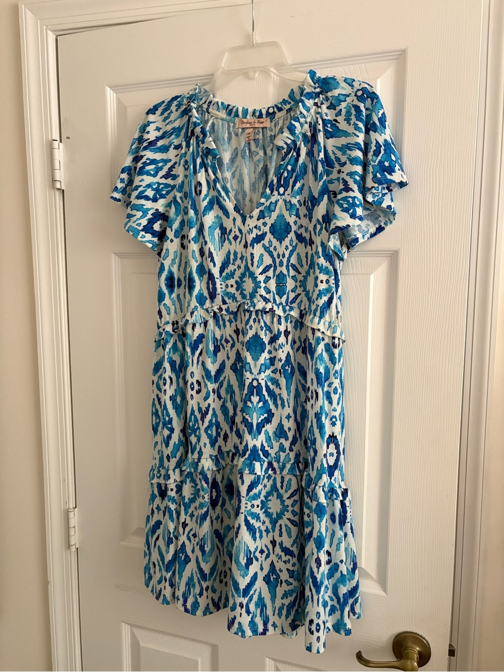 Blue Ikat V-Neck Tiered Midi Dress
